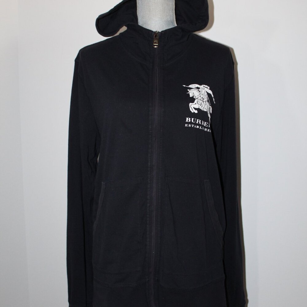 Burberry Black Cotton Horse Logo Front Hoodie ZipFront Hooded Jacket L Oversized